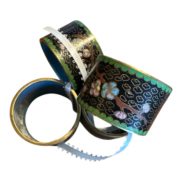 Cloisonné Napkin Rings - Black Floral, Enamel and Brass with Turquoise Interior - Picture 2 of 3